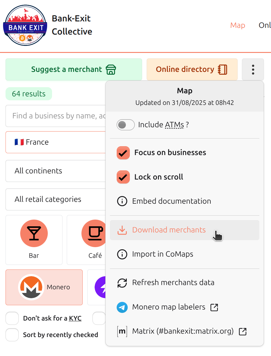 Export merchants as GPX