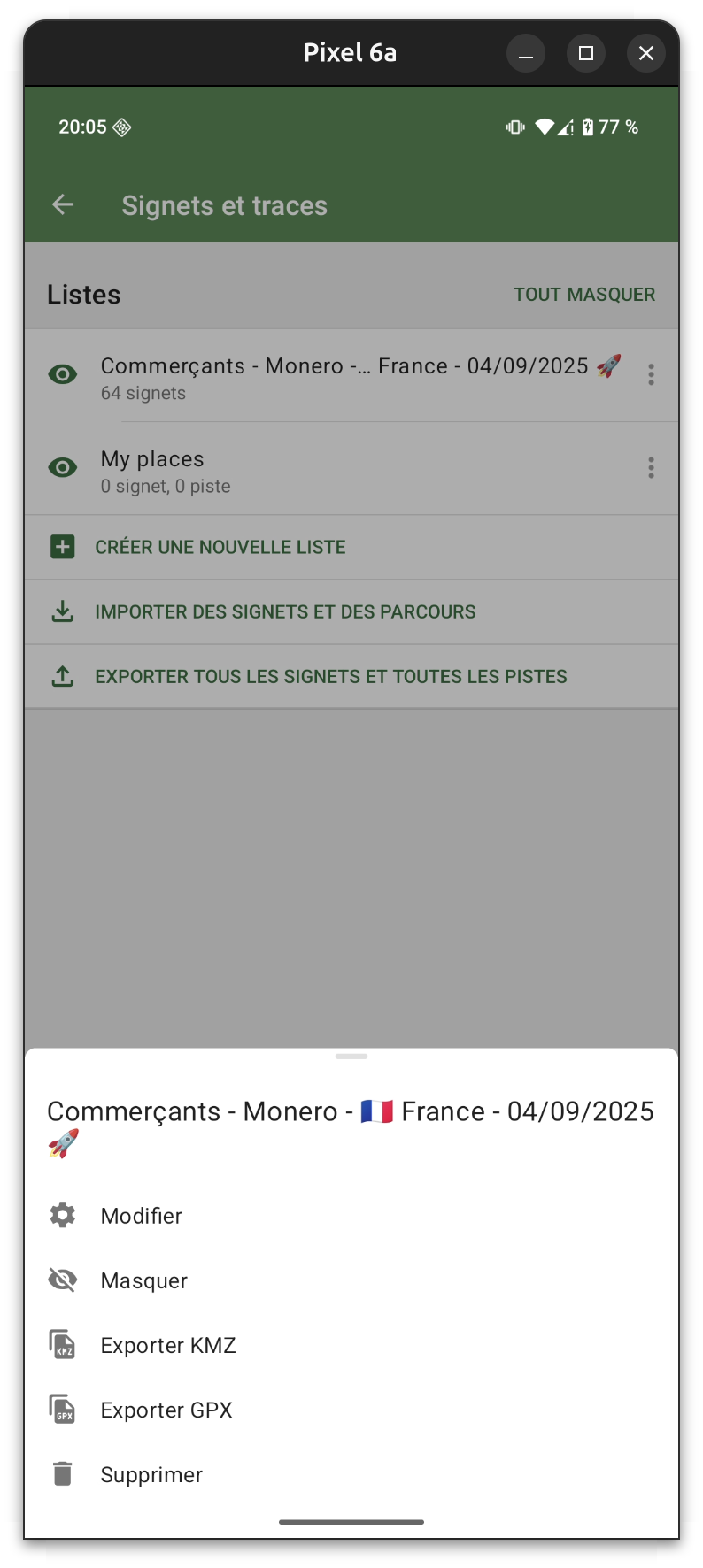 Paramètres du fichier GPX importé